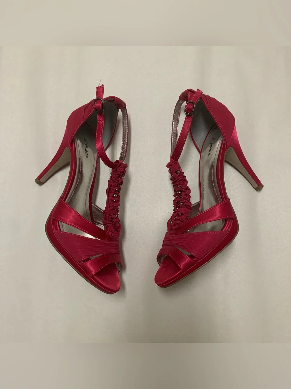 Style & Co Raspberry Pink Satin Ruffle T-Strap Heeled Dress Sandals Women's Sz 8